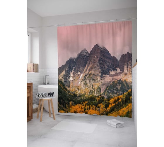 Штора (занавеска) для ванной JoyArty "Облачные горы" из сатена, 180х200 см с крючками, sc_18851 1