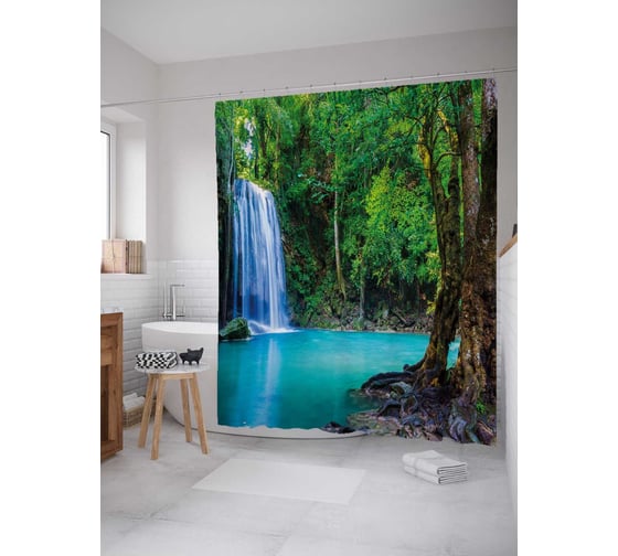 Штора (занавеска) для ванной JoyArty "Лесной водопад" из сатена, 180х200 см с крючками, sc_18955 1