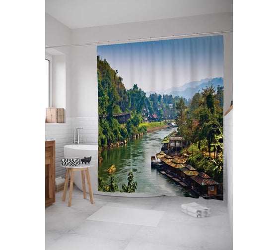 Штора (занавеска) для ванной JoyArty "Приречный поселок" из сатена, 180х200 см с крючками, sc_12163 1