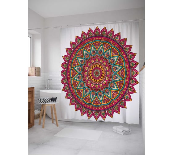 Штора (занавеска) для ванной JoyArty "Цветочная вышивка" из сатена, 180х200 см с крючками, sc_18976 1