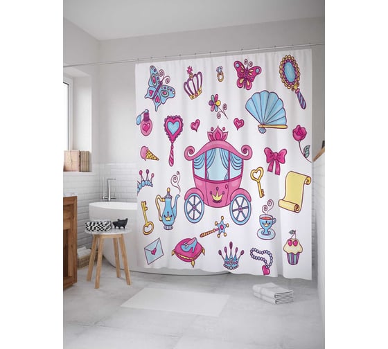 Штора (занавеска) для ванной JoyArty "Заботы принцессы" из сатена, 180х200 см с крючками, sc_19089 1