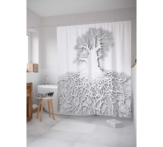 Штора (занавеска) для ванной JoyArty "Белое дерево" из сатена, 180х200 см с крючками, sc_12115 1