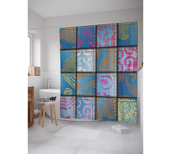 Штора (занавеска) для ванной JoyArty "Яркие клетки" из сатена, 180х200 см с крючками, sc_18869 1