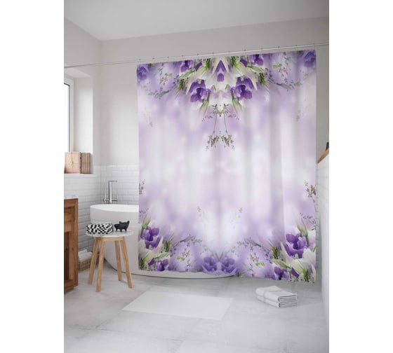 Штора (занавеска) для ванной JoyArty "Цветы за облаками" из сатена, 180х200 см с крючками, sc_2268 1