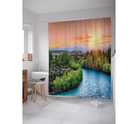 Штора (занавеска) для ванной JoyArty "Речные изгибы" из сатена, 180х200 см с крючками, sc_12160 1