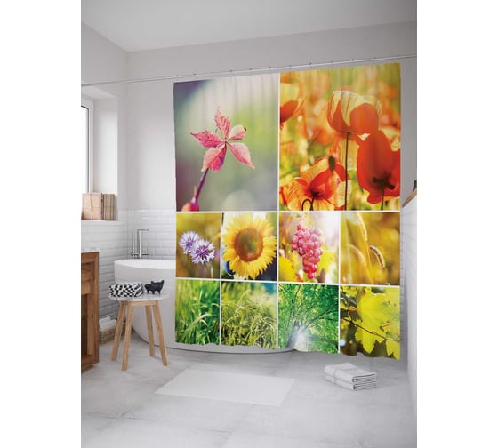 Штора (занавеска) для ванной JoyArty "Весенние подарки" из сатена, 180х200 см с крючками, sc_19043