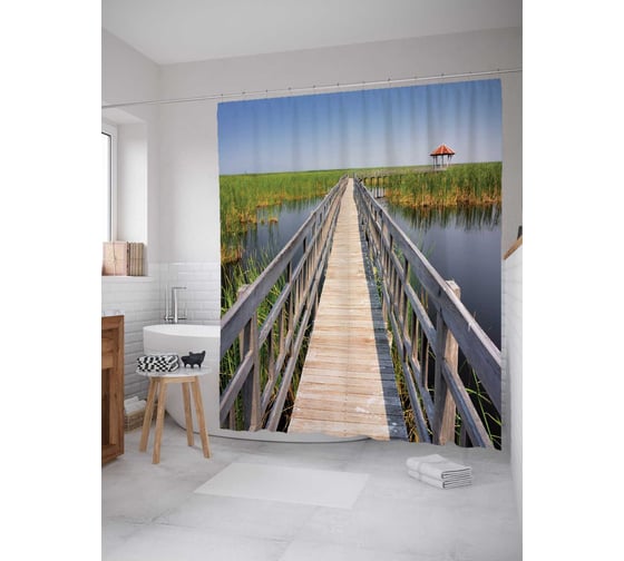 Штора (занавеска) для ванной JoyArty "Деревянный мост" из сатена, 180х200 см с крючками, sc_12129 1