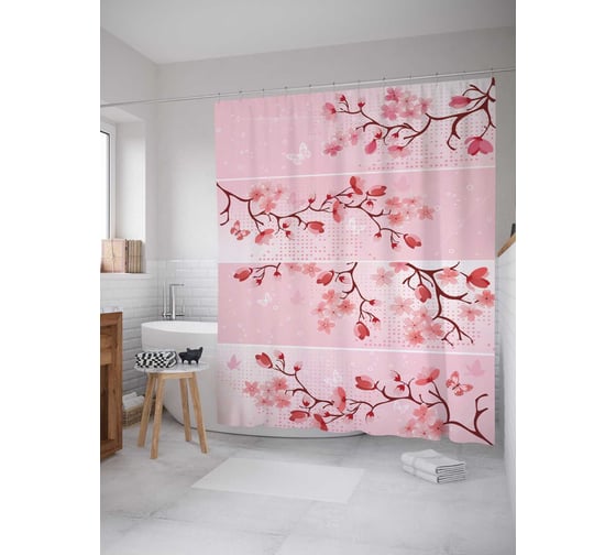 Штора (занавеска) для ванной JoyArty "Полосы с ветками" из сатена, 180х200 см с крючками, sc_12204 1