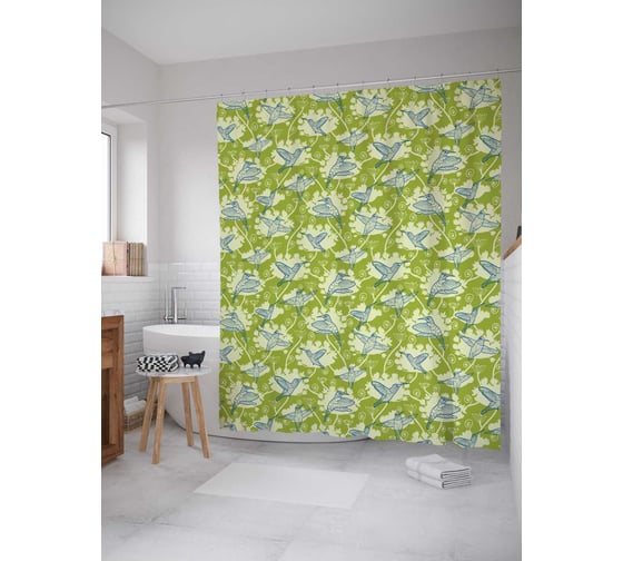 Штора (занавеска) для ванной JoyArty "Облака колибри" из сатена, 180х200 см с крючками, sc_12393 1