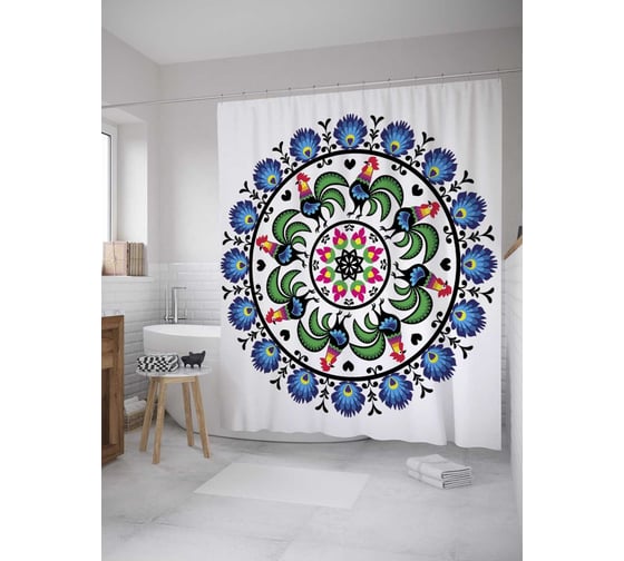 Штора (занавеска) для ванной JoyArty "Красочные петухи" из сатена, 180х200 см с крючками, sc_10758 1