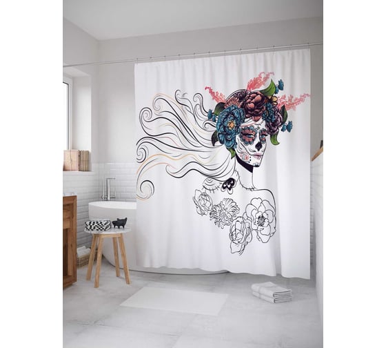 Штора (занавеска) для ванной JoyArty "Цветочное сомнение" из сатена, 180х200 см с крючками, sc_10472 1