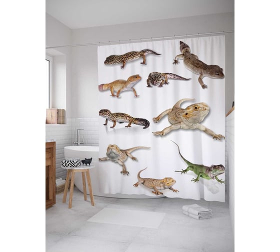Штора (занавеска) для ванной JoyArty "Шустрые ящерицы" из сатена, 180х200 см с крючками, sc_13392 1