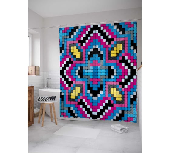 Штора (занавеска) для ванной JoyArty "Композиция из квадратов" из сатена, 180х200 см с крючками, sc_18659 1