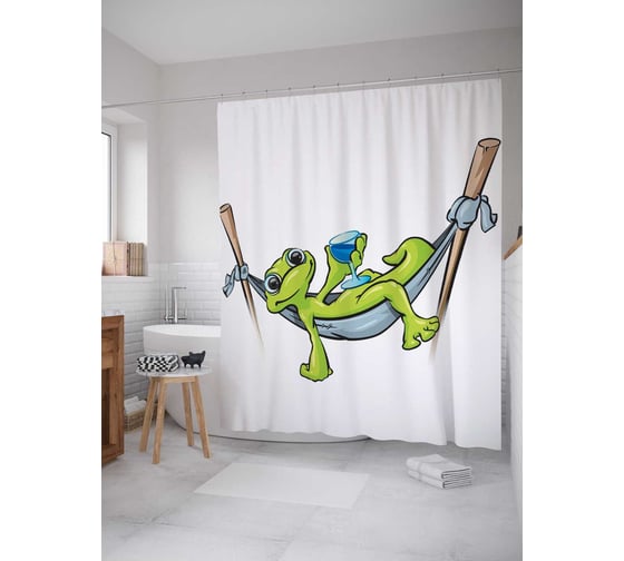 Штора (занавеска) для ванной JoyArty "Саламандра в отпуске" из сатена, 180х200 см с крючками, sc_13368 1