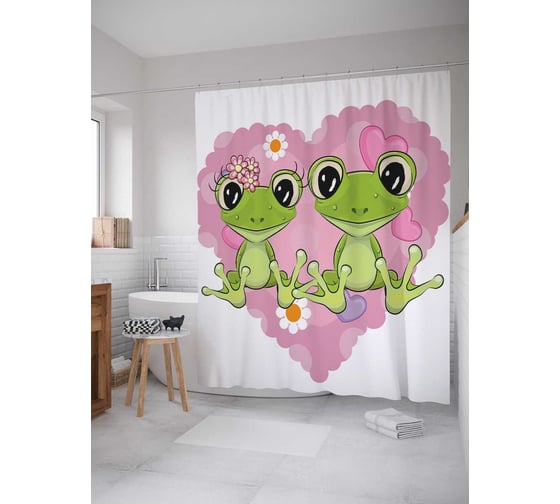 Штора (занавеска) для ванной JoyArty "Друзья-лягушки" из сатена, 180х200 см с крючками, sc_11755 1