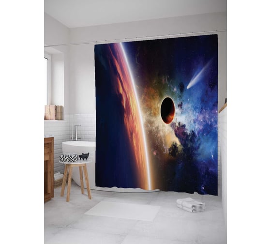 Штора (занавеска) для ванной JoyArty "Комета приближается" из сатена, 180х200 см с крючками, sc_15669 1