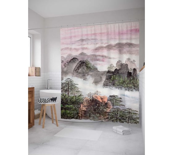 Штора (занавеска) для ванной JoyArty "Туманные окрестности" из сатена, 180х200 см с крючками, sc_2387 1