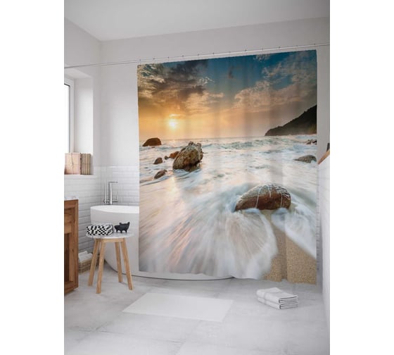 Штора (занавеска) для ванной JoyArty "Быстрые волны спешат на берег" из сатена, 180х200 см с крючками, sc_15347 1