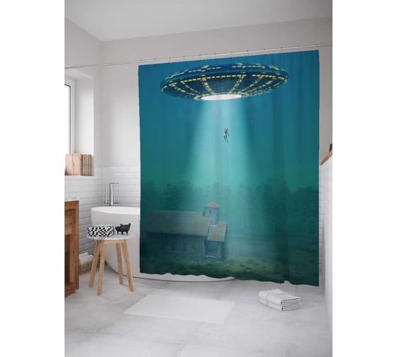 Штора (занавеска) для ванной JoyArty "Похищение прищельцами" из сатена, 180х200 см с крючками, sc_19603 1