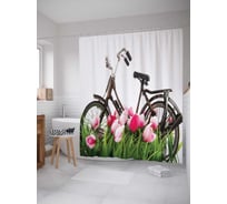 Штора (занавеска) для ванной JoyArty "Велосипед в цветах" из сатена, 180х200 см с крючками, sc_13143