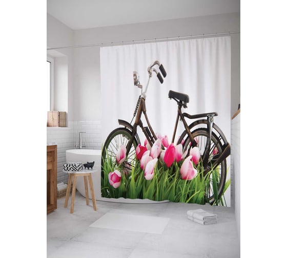 Штора (занавеска) для ванной JoyArty "Велосипед в цветах" из сатена, 180х200 см с крючками, sc_13143 1