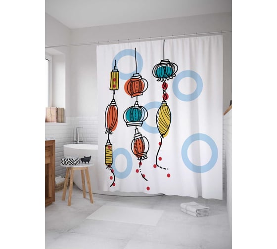 Штора (занавеска) для ванной JoyArty "Летящие лампы" из сатена, 180х200 см с крючками, sc_13126 1