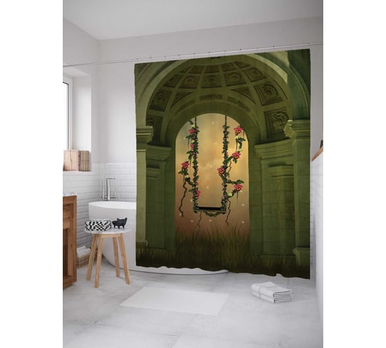 Штора (занавеска) для ванной JoyArty "Качели с цветами" из сатена, 180х200 см с крючками, sc_12901 1