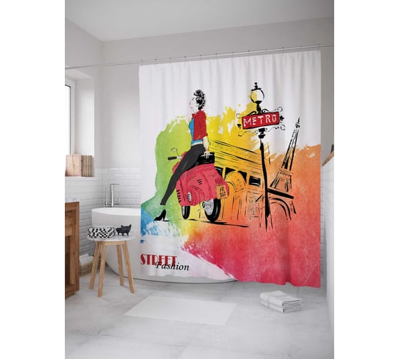 Штора (занавеска) для ванной JoyArty "Радужный Париж" из сатена, 180х200 см с крючками, sc_19481 1