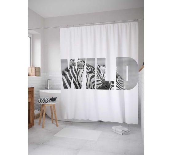 Штора (занавеска) для ванной JoyArty "Дикие зебры" из сатена, 180х200 см с крючками, sc_12961 1