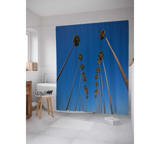 Штора (занавеска) для ванной JoyArty "Высокие пальмы" из сатена, 180х200 см с крючками, sc_19466 1