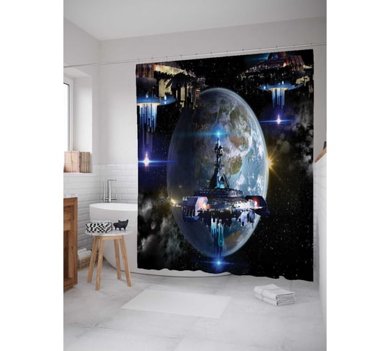 Штора (занавеска) для ванной JoyArty "Космические станции" из сатена, 180х200 см с крючками, sc_19451 1
