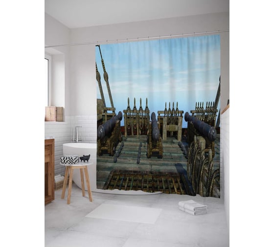 Штора (занавеска) для ванной JoyArty "Морской бой" из сатена, 180х200 см с крючками, sc_19461 1
