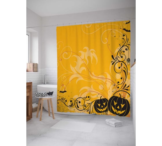Штора (занавеска) для ванной JoyArty "Хеллоуинские тыквы с узорами" из сатена, 180х200 см с крючками, sc_19408 1