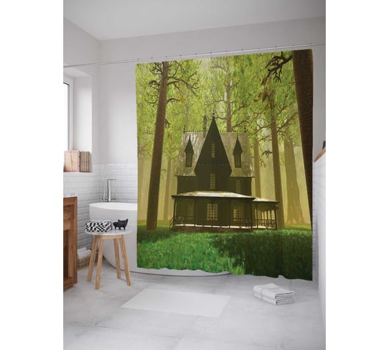 Штора (занавеска) для ванной JoyArty "Загадочный дом" из сатена, 180х200 см с крючками, sc_12873 1