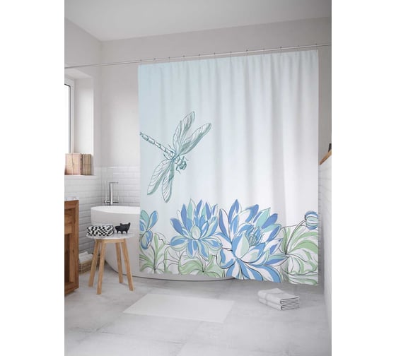 Штора (занавеска) для ванной JoyArty "Стрекоза в раю" из сатена, 180х200 см с крючками, sc_18334 1