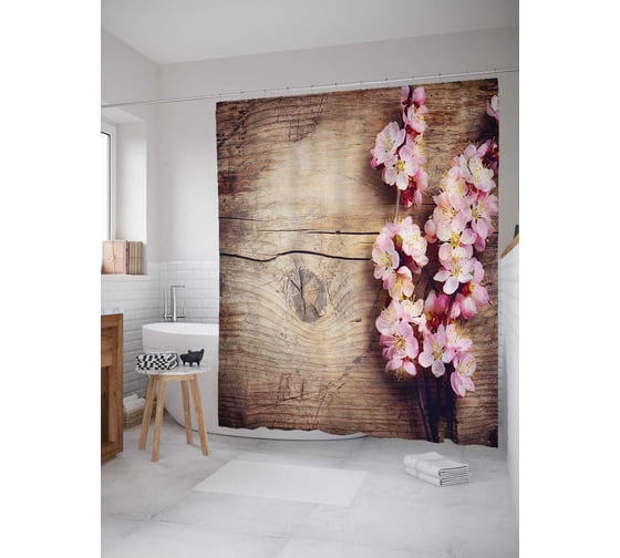 Штора (занавеска) для ванной JoyArty "Цветки вишни" из сатена, 180х200 см с крючками, sc_17417 1