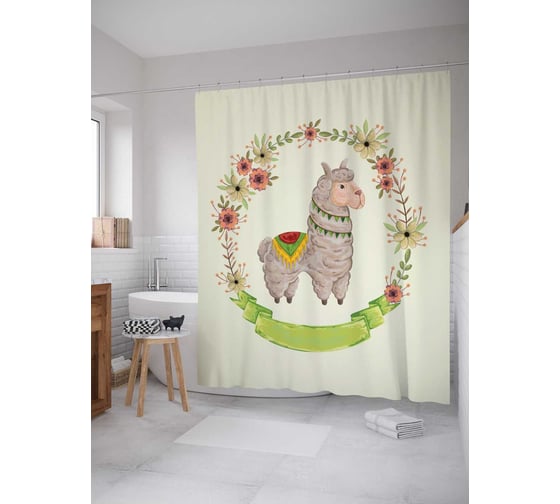 Штора (занавеска) для ванной JoyArty "Лама в ореоле цветов" из сатена, 180х200 см с крючками, sc_128636 1