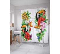 Штора (занавеска) для ванной JoyArty "Туканы в цветах" из сатена, 180х200 см с крючками, sc_18143