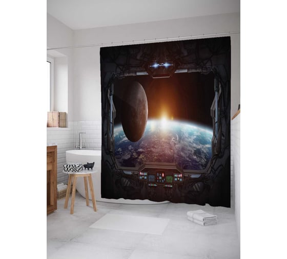 Штора (занавеска) для ванной JoyArty "Земля с космического корабля" из сатена, 180х200 см с крючками, sc_19456 1