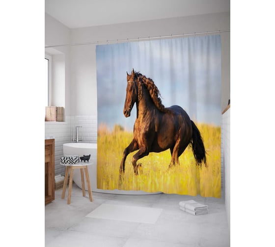 Штора (занавеска) для ванной JoyArty "Полевой конь" из сатена, 180х200 см с крючками, sc_16157 1