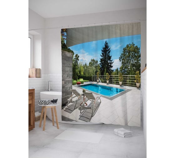 Штора (занавеска) для ванной JoyArty "Дворик с бассейном" из сатена, 180х200 см с крючками, sc_12827