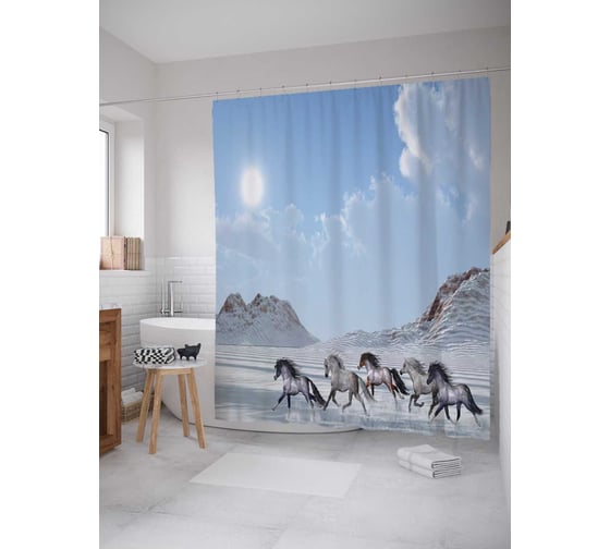 Штора (занавеска) для ванной JoyArty "Зимние лошади" из сатена, 180х200 см с крючками, sc_16154 1