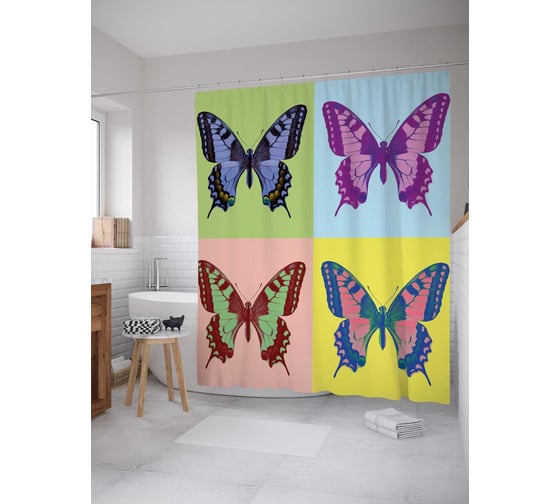 Штора (занавеска) для ванной JoyArty "Бабочки в цвете" из сатена, 180х200 см с крючками, sc_15901 1