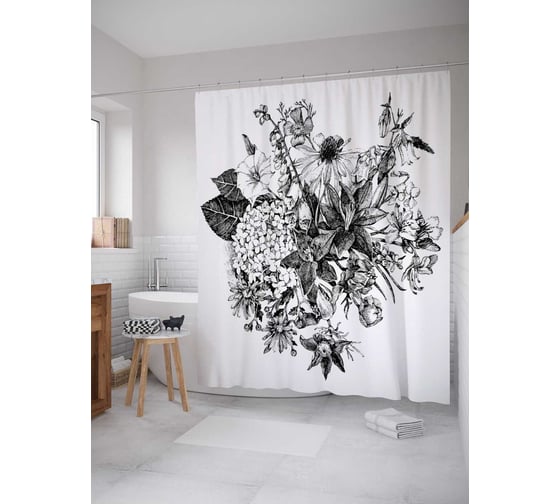 Штора (занавеска) для ванной JoyArty "Природные букеты" из сатена, 180х200 см с крючками, sc_18105