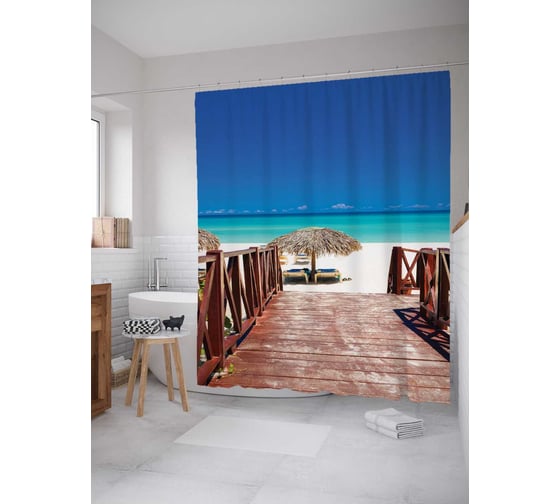 Штора (занавеска) для ванной JoyArty "Прибытие на пляж" из сатена, 180х200 см с крючками, sc_16124