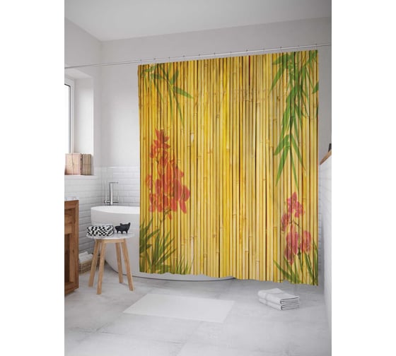 Штора (занавеска) для ванной JoyArty "Цветущее бамбуковое заграждение" из сатена, 180х200 см с крючками, sc_15767 1