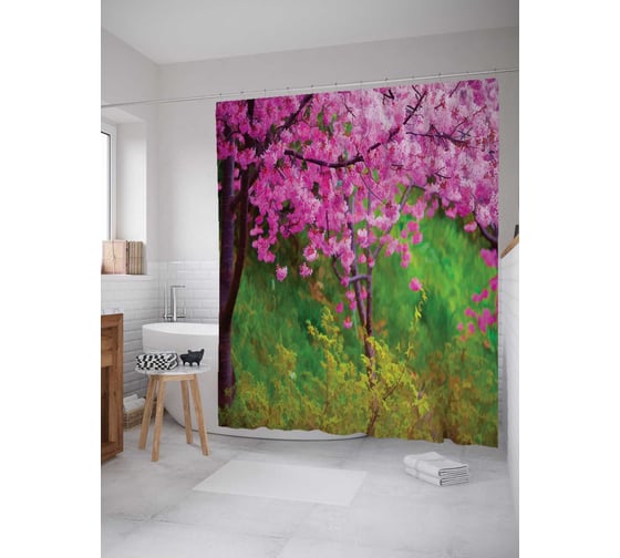 Штора (занавеска) для ванной JoyArty "Лес расцвел" из сатена, 180х200 см с крючками, sc_17880 1