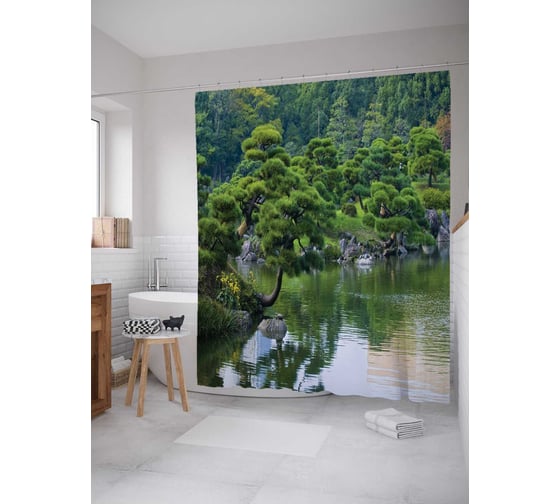 Штора (занавеска) для ванной JoyArty "Лесная река" из сатена, 180х200 см с крючками, sc_17882 1