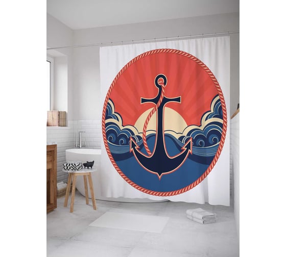 Штора (занавеска) для ванной JoyArty "Якорь над морем" из сатена, 180х200 см с крючками, sc_15948 1