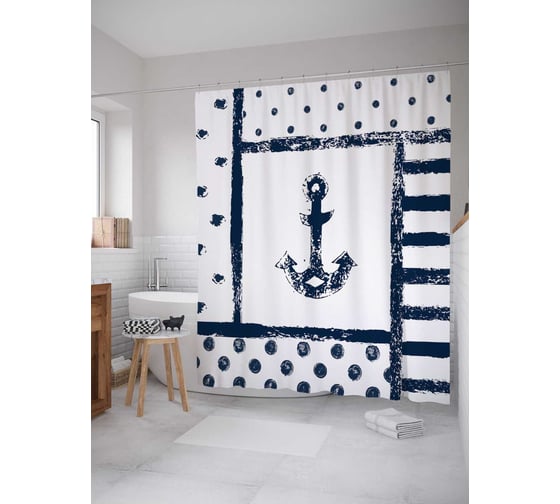 Штора (занавеска) для ванной JoyArty "Морская композиция с якорем" из сатена, 180х200 см с крючками, sc_15938 1